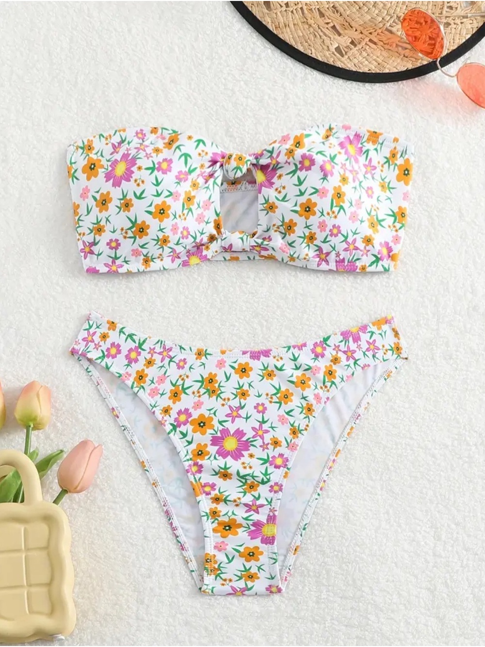 Floral Bandeau Bikini Set in White with Yellow & Pink Flowers